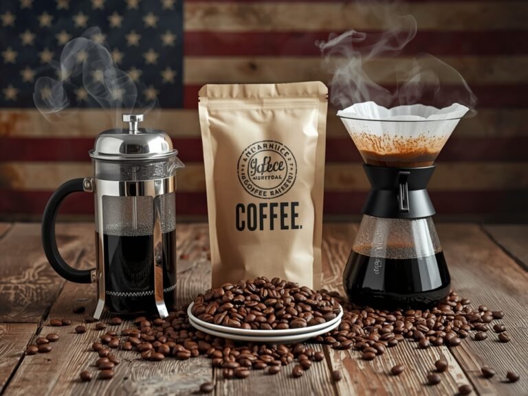 A rustic wooden table with a steaming French press and