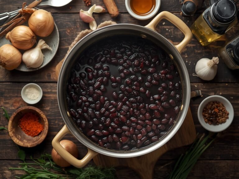 A rustic wooden table with a large pot of simmering