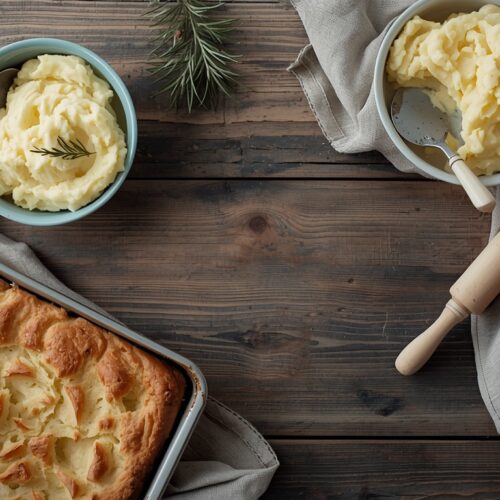 A rustic wooden table with a bowl of creamy mashed