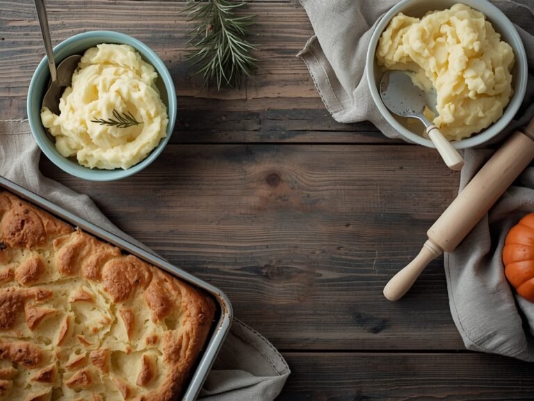 A rustic wooden table with a bowl of creamy mashed