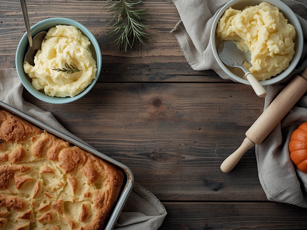 A rustic wooden table with a bowl of creamy mashed