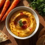 A rustic wooden table with a vibrant bowl of roasted