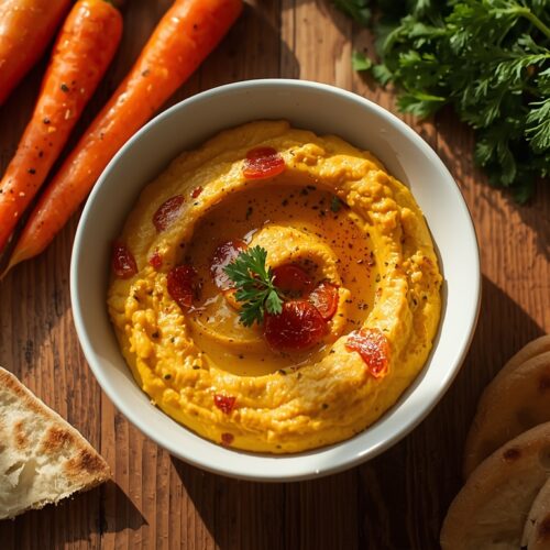 A rustic wooden table with a vibrant bowl of roasted