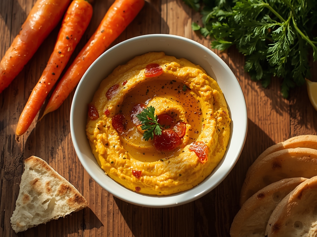 A rustic wooden table with a vibrant bowl of roasted