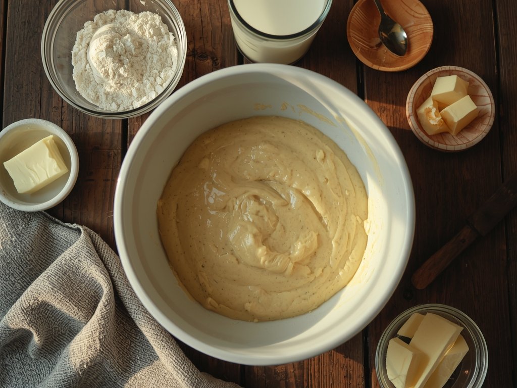 A rustic wooden table with a mixing bowl filled with