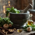 A rustic wooden table with a large mortar and pestle,