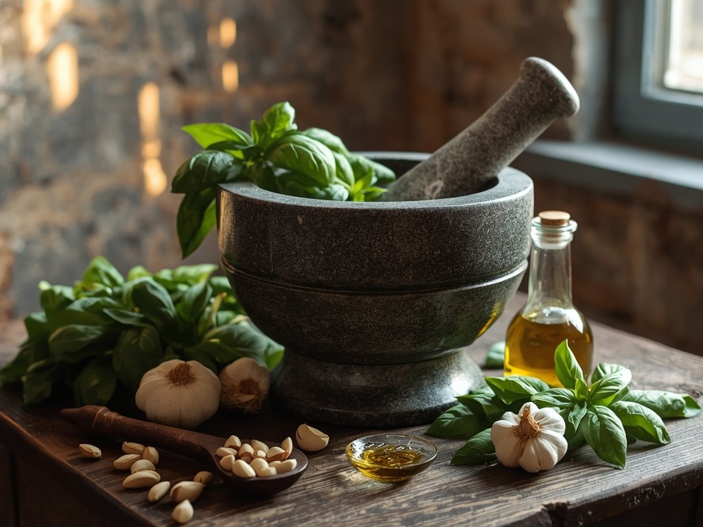 A rustic wooden table with a large mortar and pestle,