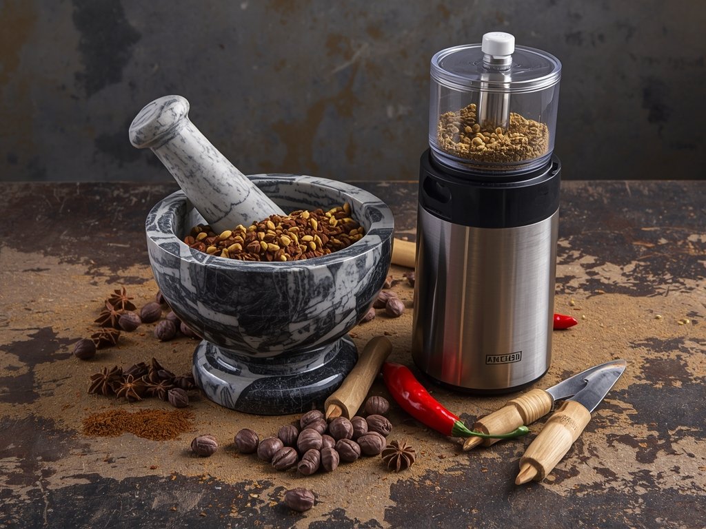 A rustic wooden table with a mortar and pestle made