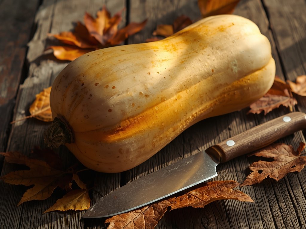 A rustic wooden table with a freshly harvested butternut squash,