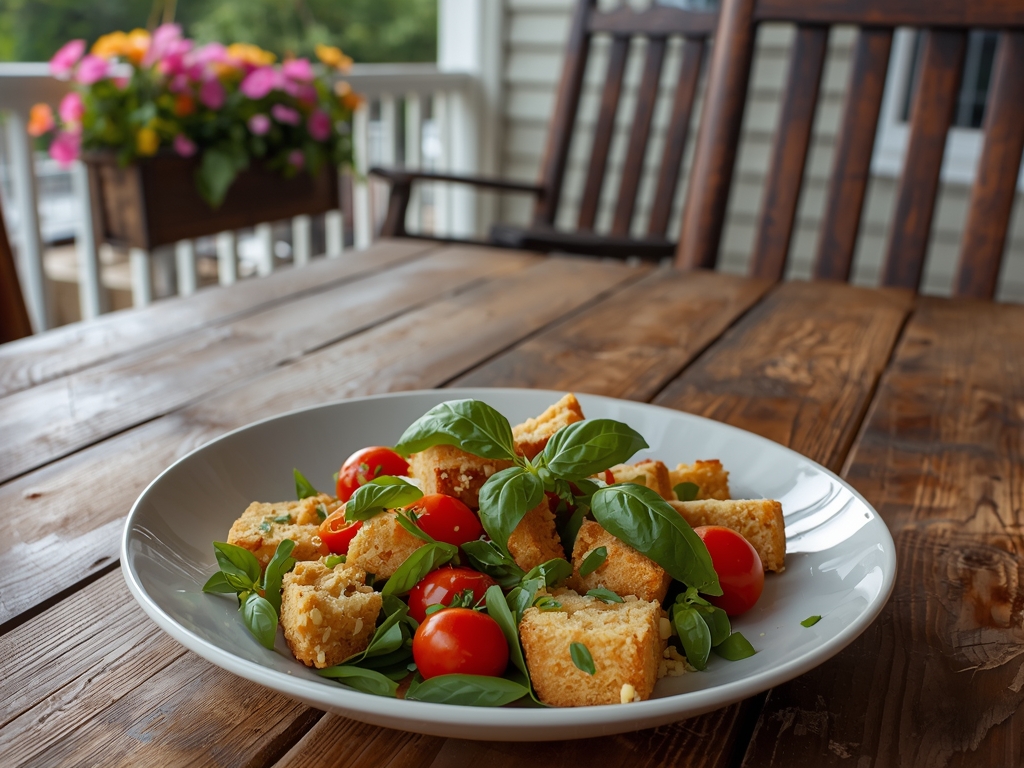 A rustic wooden table with a vibrant panzanella salad, featuring