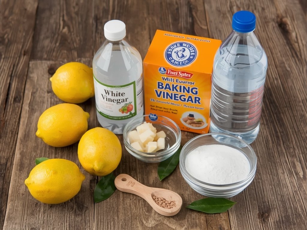 A rustic wooden table with an assortment of natural ingredients,