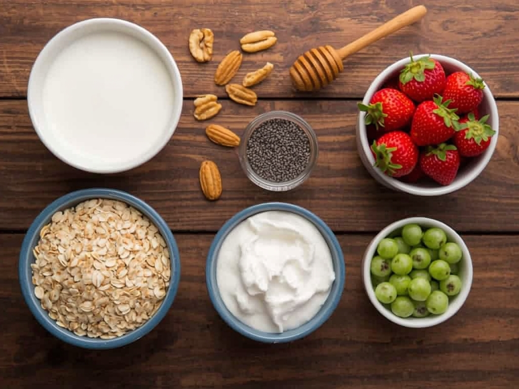 A rustic wooden table with neatly arranged ingredients: rolled oats,