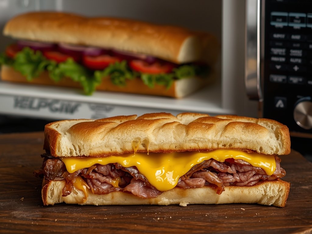 A sad-looking, microwaved sandwich with soggy bread and melted cheese,