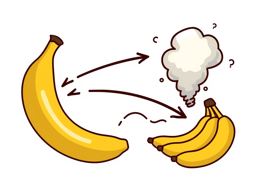 A scientific illustration showing a banana emitting ethylene gas, with