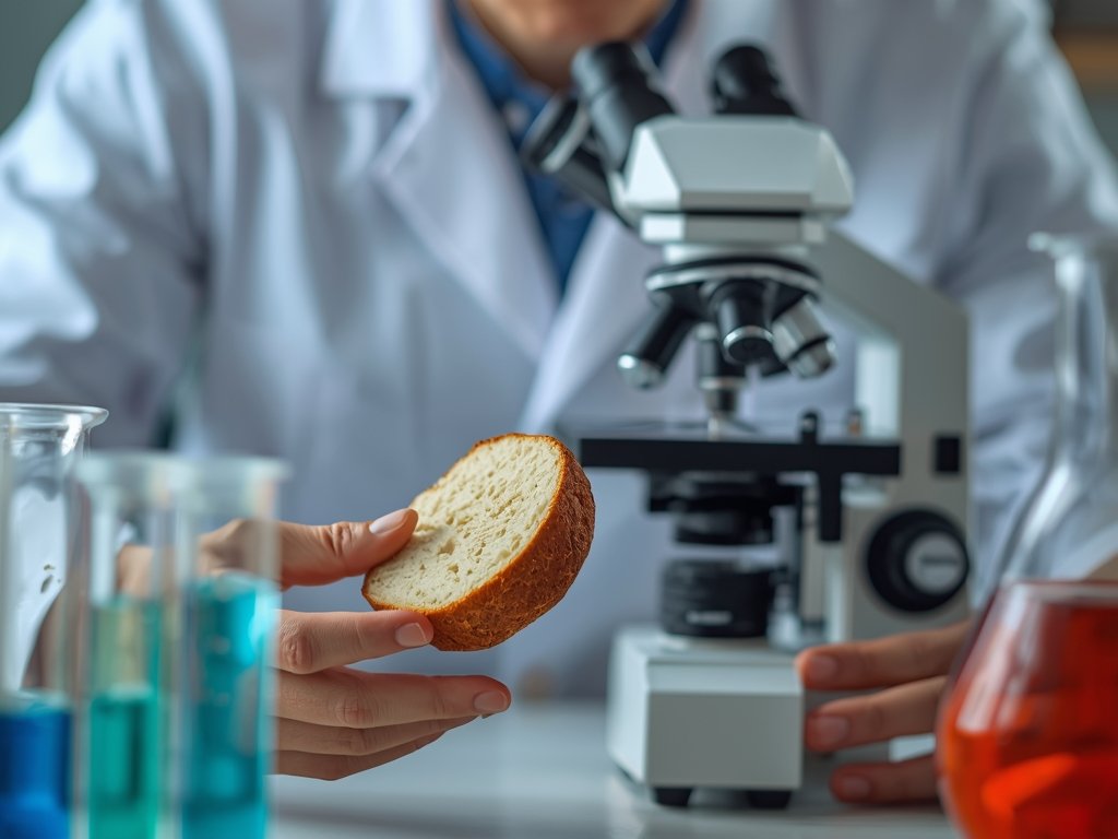 A scientist in a lab coat examining a slice of