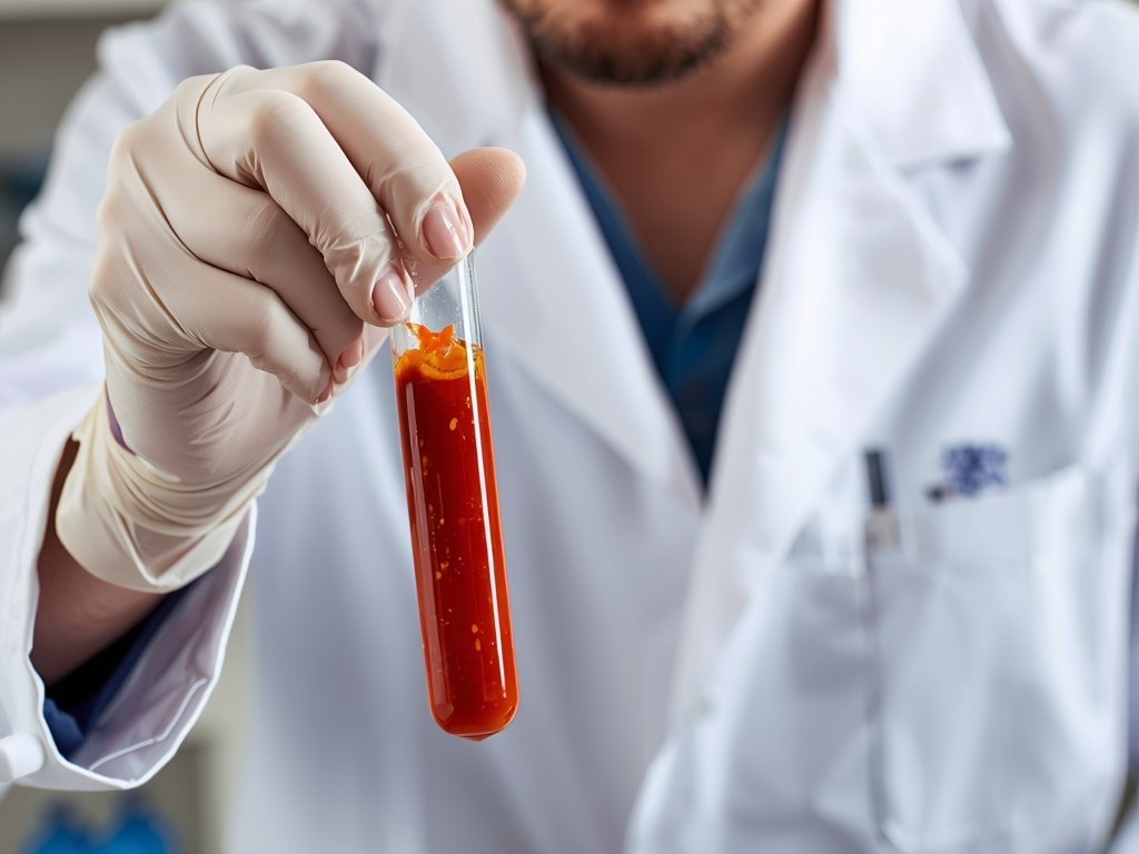 A scientist in a lab coat holding a test tube