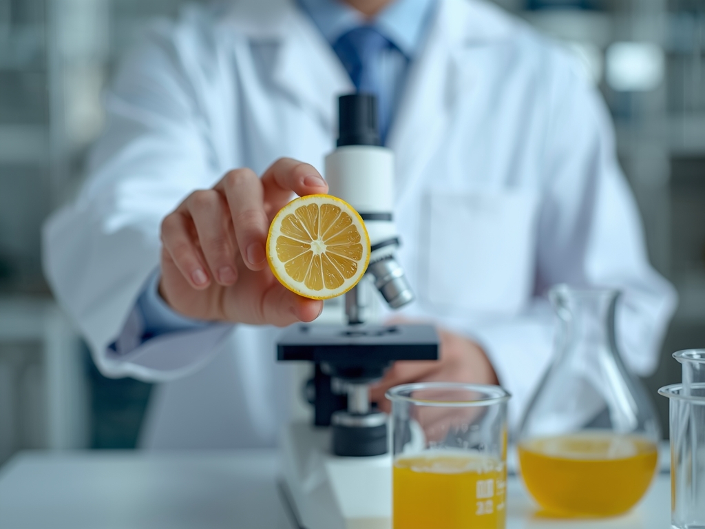 A scientist in a lab coat holding a lemon half