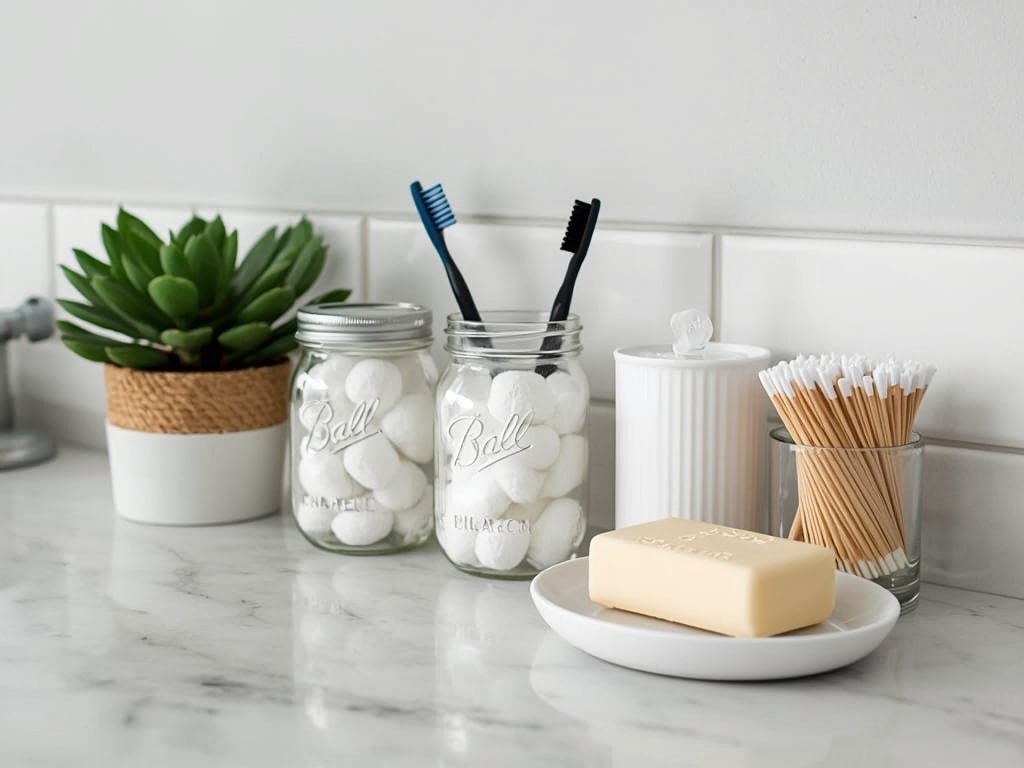 A serene bathroom countertop with Mason jars repurposed as toothbrush
