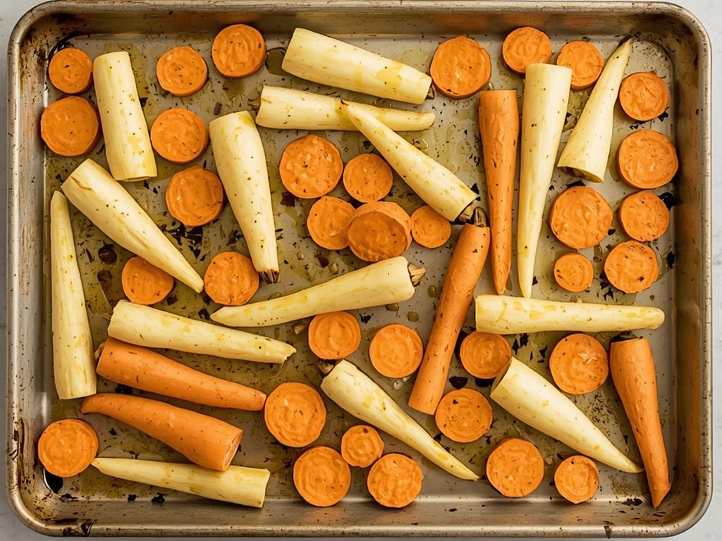 A sheet pan with carrots and parsnips tossed in olive