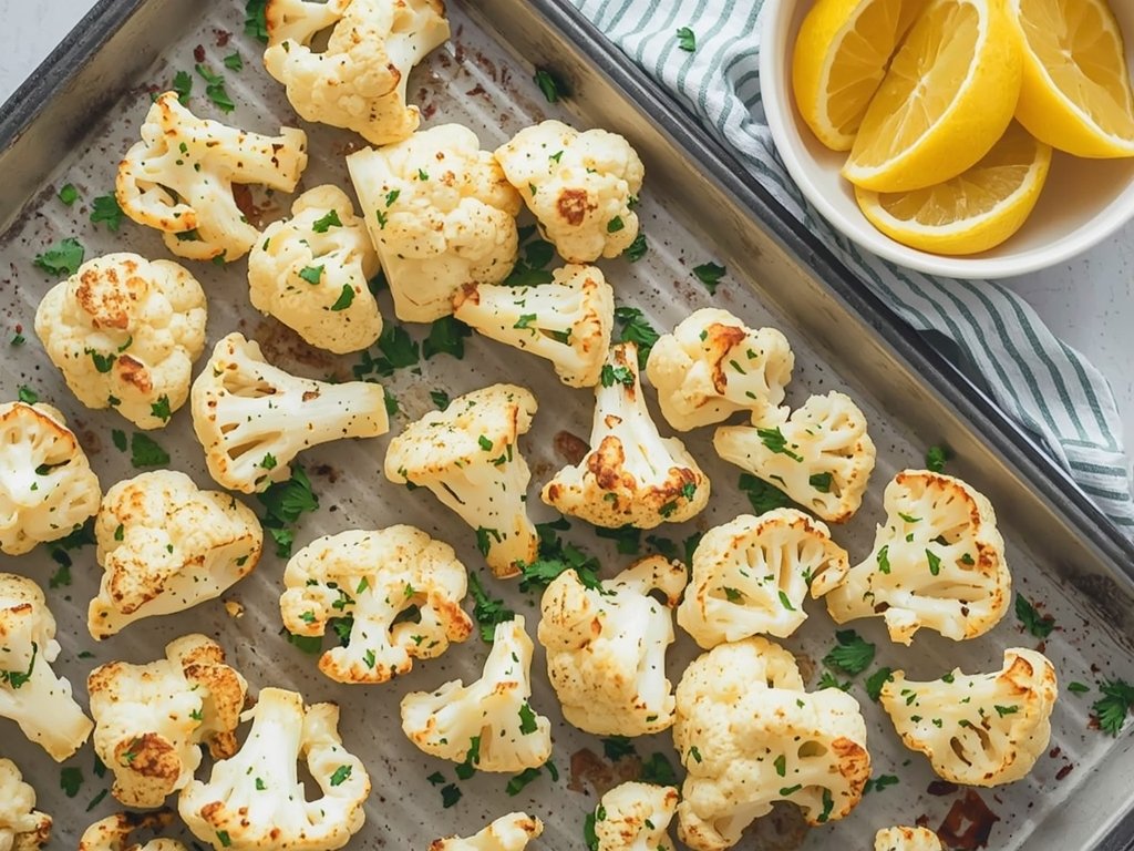 A sheet pan with golden-brown roasted cauliflower florets, sprinkled with