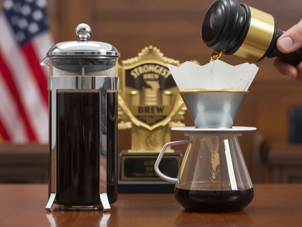 A side-by-side comparison of a French press and pour-over coffee,