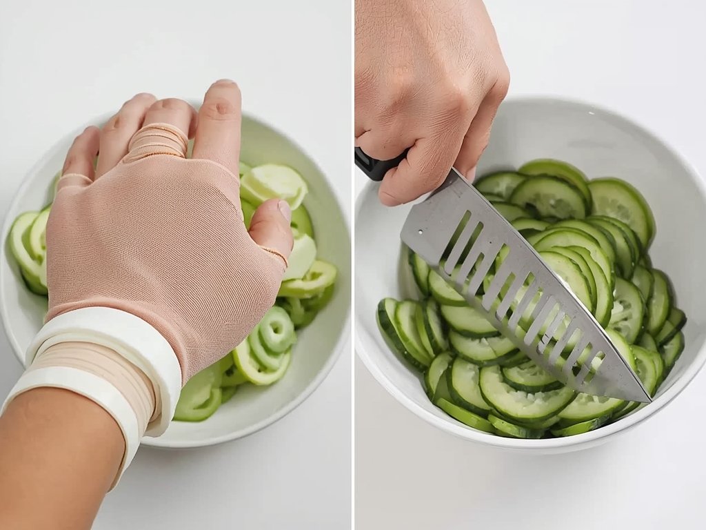 A side-by-side comparison of a hand with a bandage and