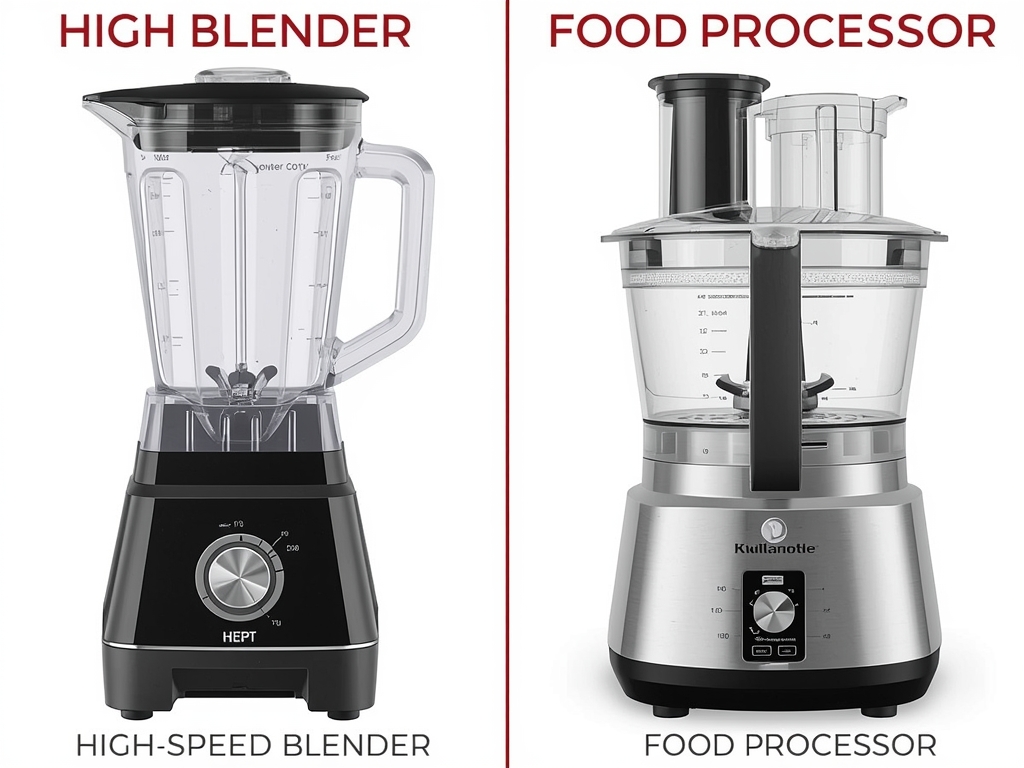 A side-by-side comparison of a high-speed blender and a food