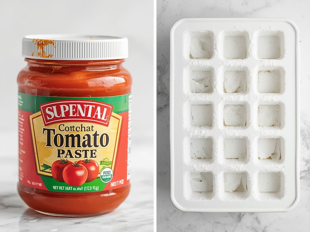 A side-by-side comparison of a moldy tomato paste container and