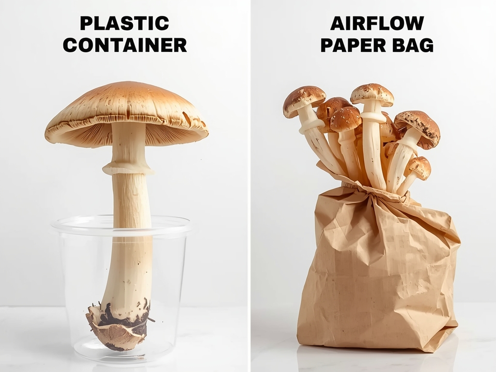 A side-by-side comparison of a mushroom in a plastic container