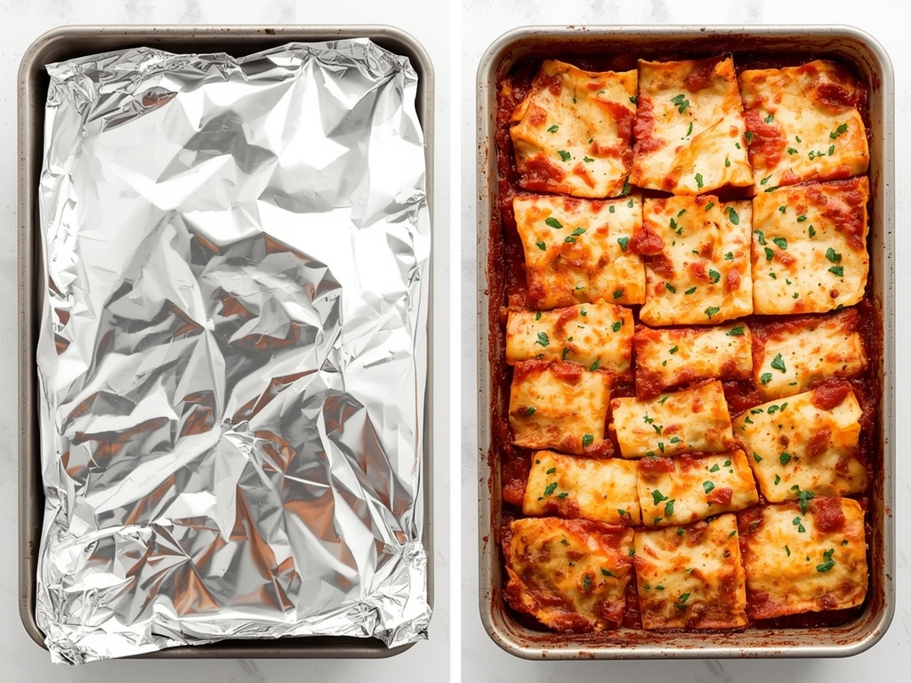 A side-by-side comparison of a perfectly reheated lasagna (using the