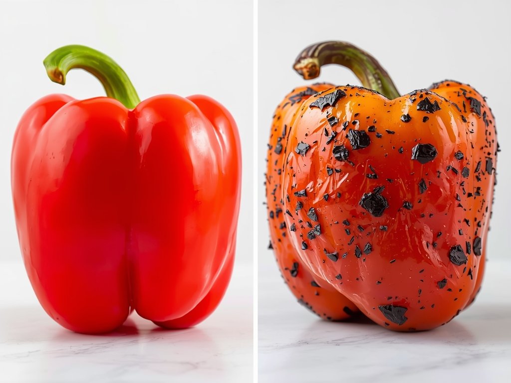 A side-by-side comparison of a raw bell pepper and a