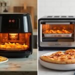 A side-by-side comparison of a sleek, modern air fryer and