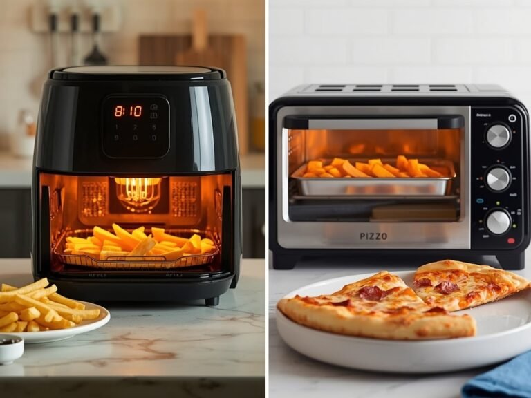 A side-by-side comparison of a sleek, modern air fryer and