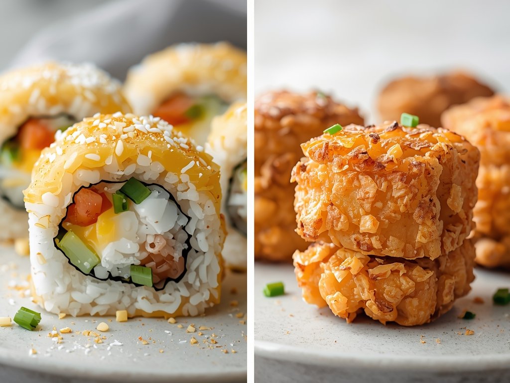 A side-by-side comparison of a soggy, microwaved tempura roll and