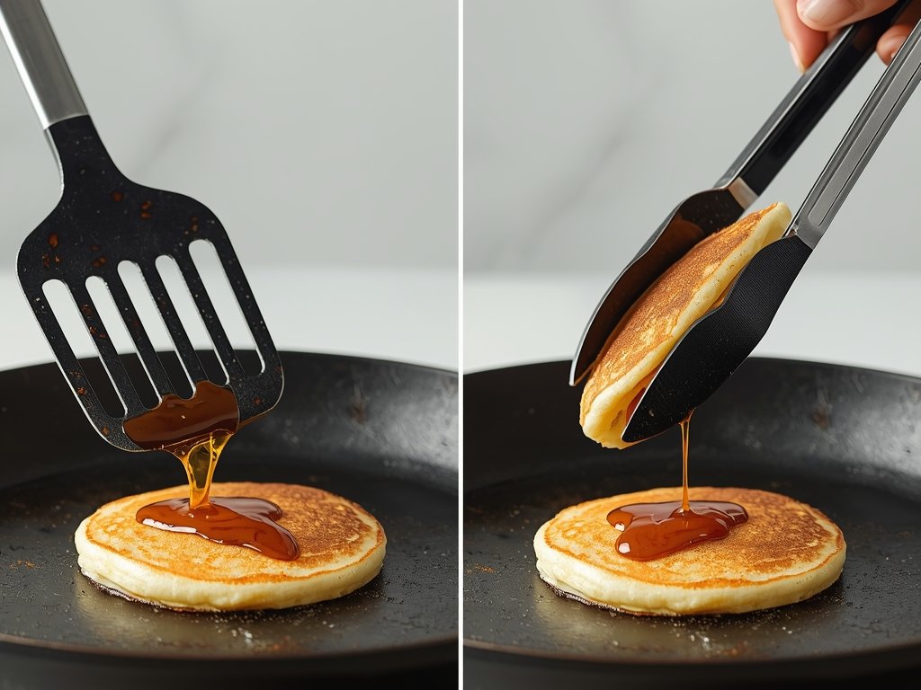 A side-by-side comparison of a spatula and tongs flipping a
