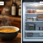 A side-by-side comparison of a steaming bowl of homemade broth