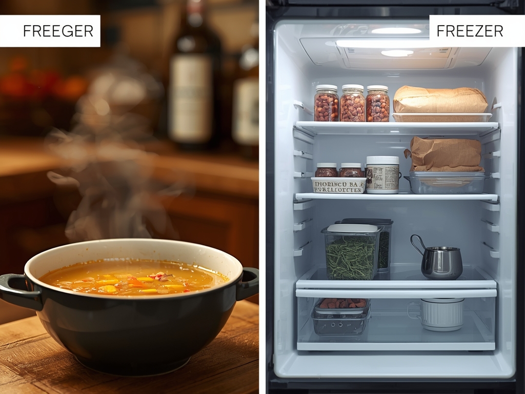 A side-by-side comparison of a steaming bowl of homemade broth