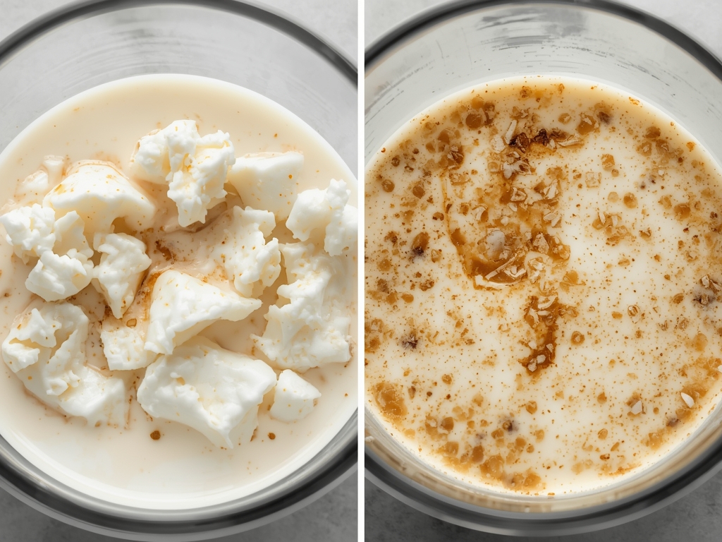 A side-by-side comparison of fresh and spoiled coconut milk, with
