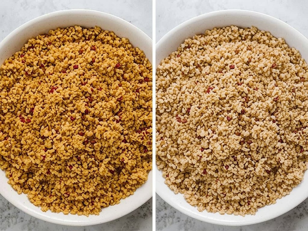 A side-by-side comparison of freshly cooked quinoa and frozen-then-thawed quinoa,