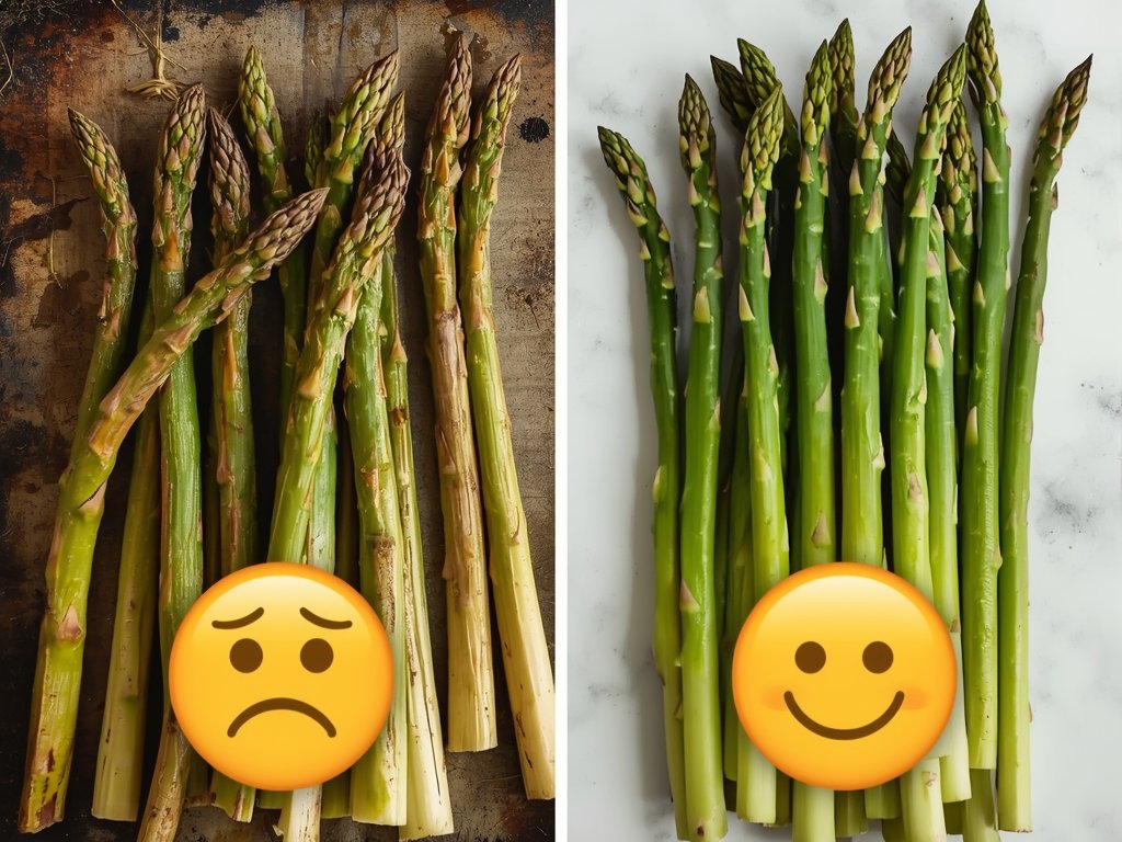 A side-by-side comparison of limp, wilted asparagus on the left