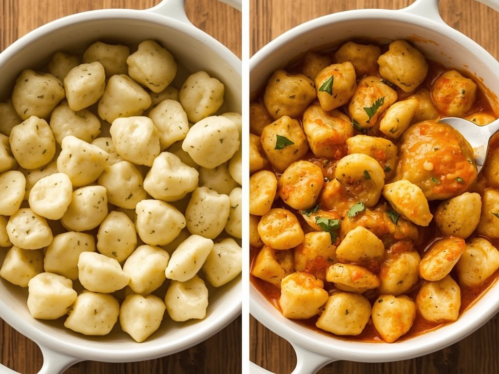 A side-by-side comparison of perfectly cooked gnocchi and overcooked, sticky