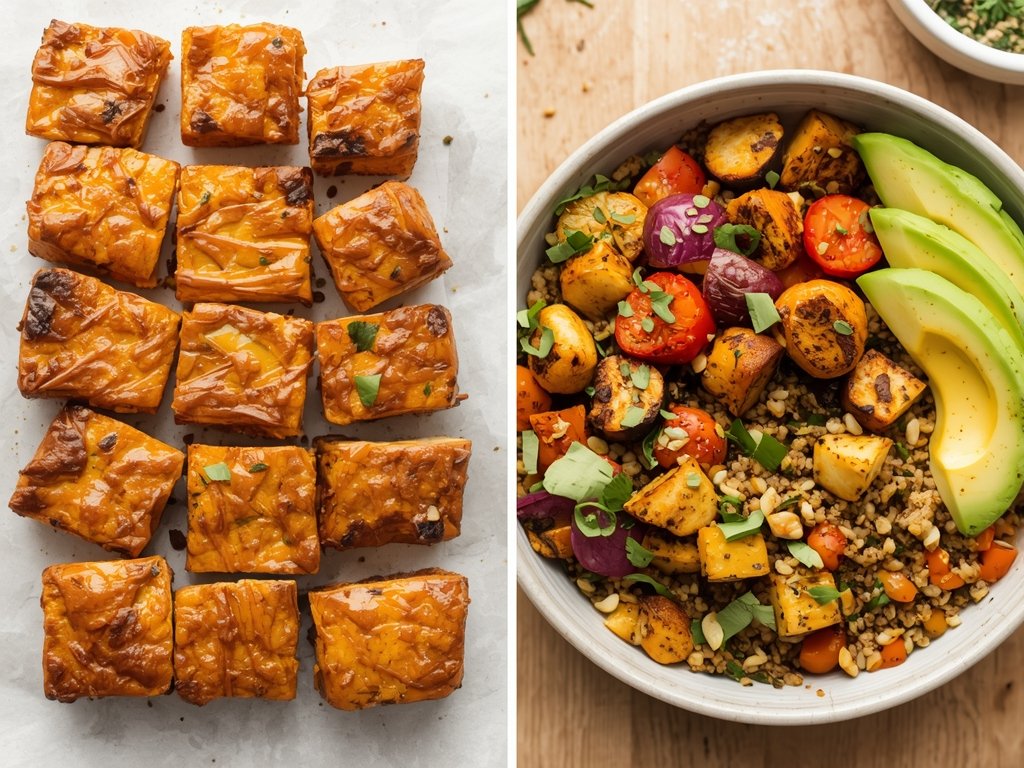 A side-by-side comparison of plain tofu and marinated tofu, with