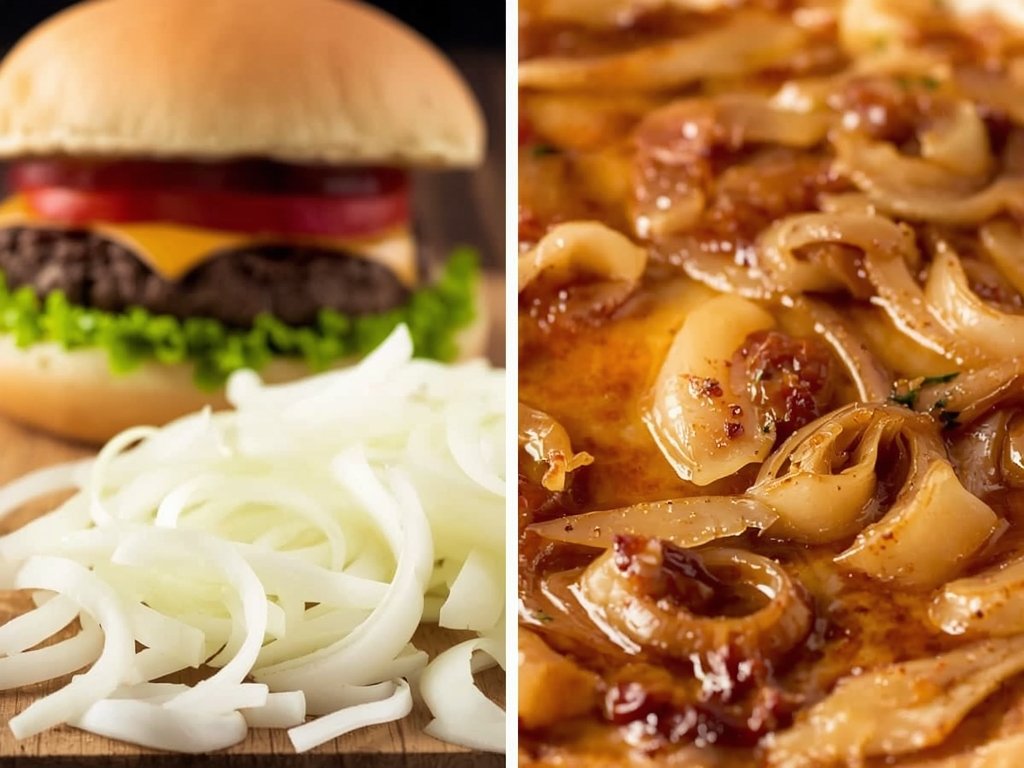 A side-by-side comparison of raw onions and caramelized onions, showcasing