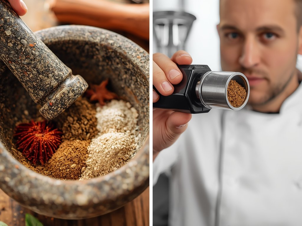 A side-by-side comparison of spices ground with a mortar and