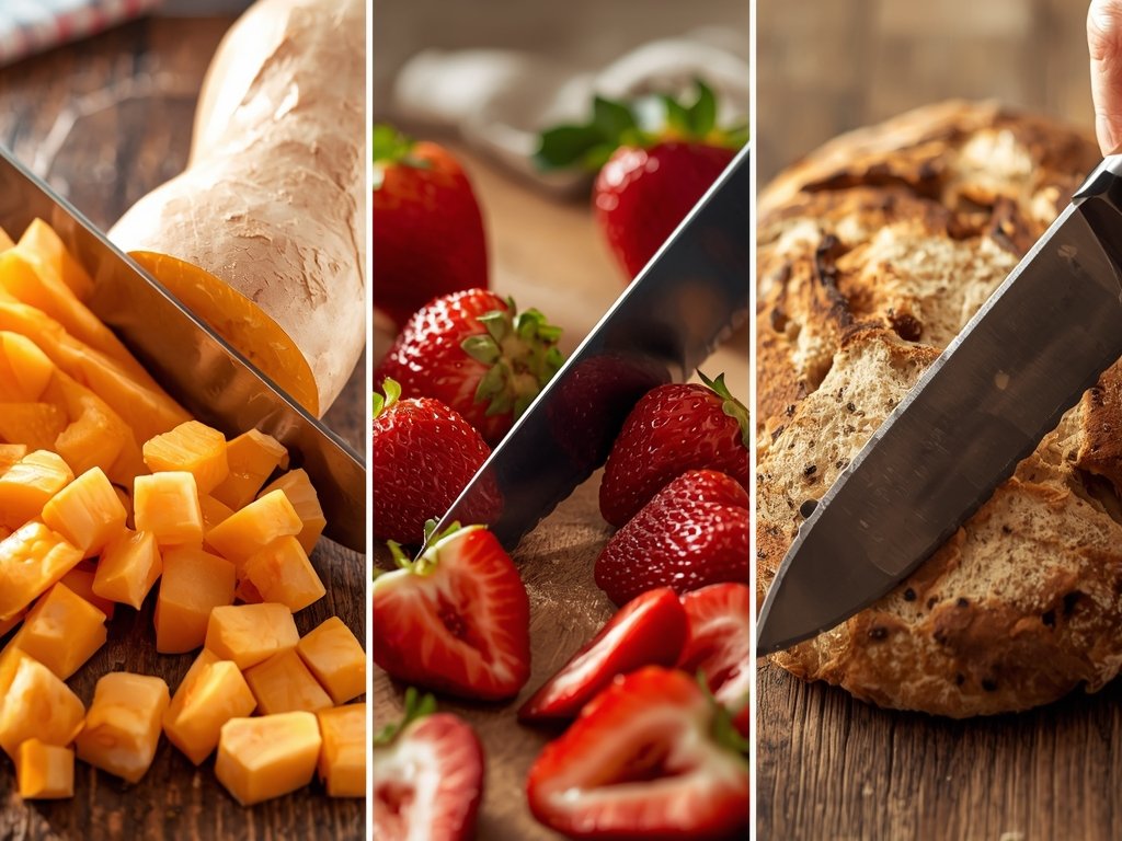 A side-by-side comparison of the three knives, each slicing through