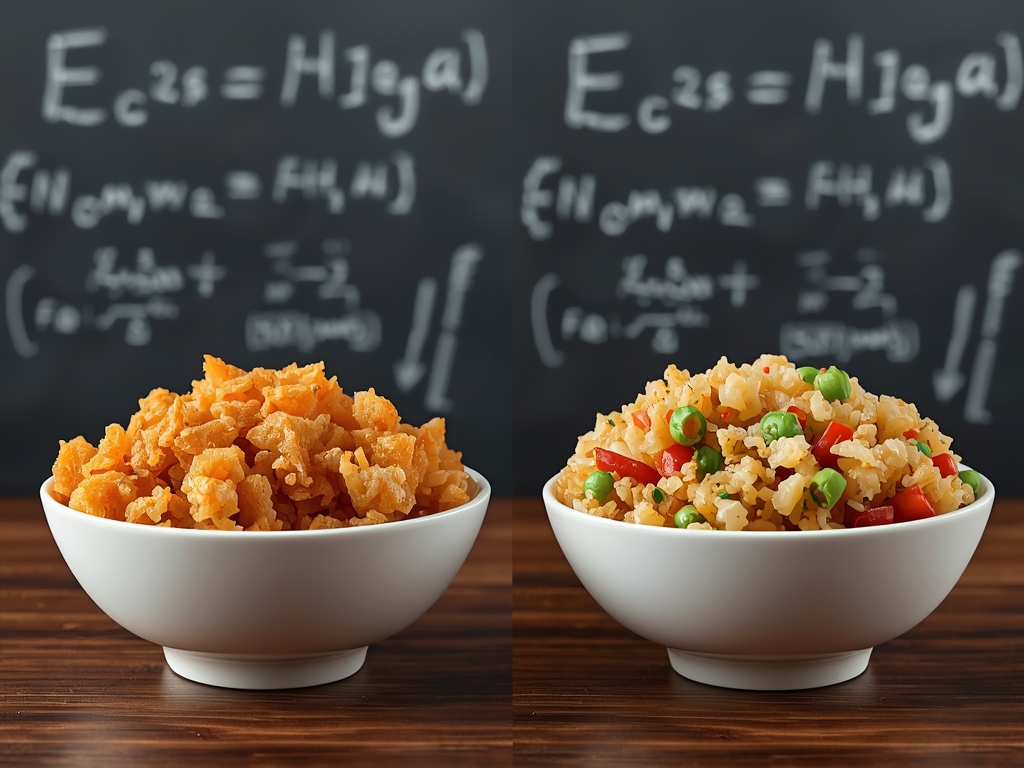 A side-by-side comparison of two bowls of fried rice: one