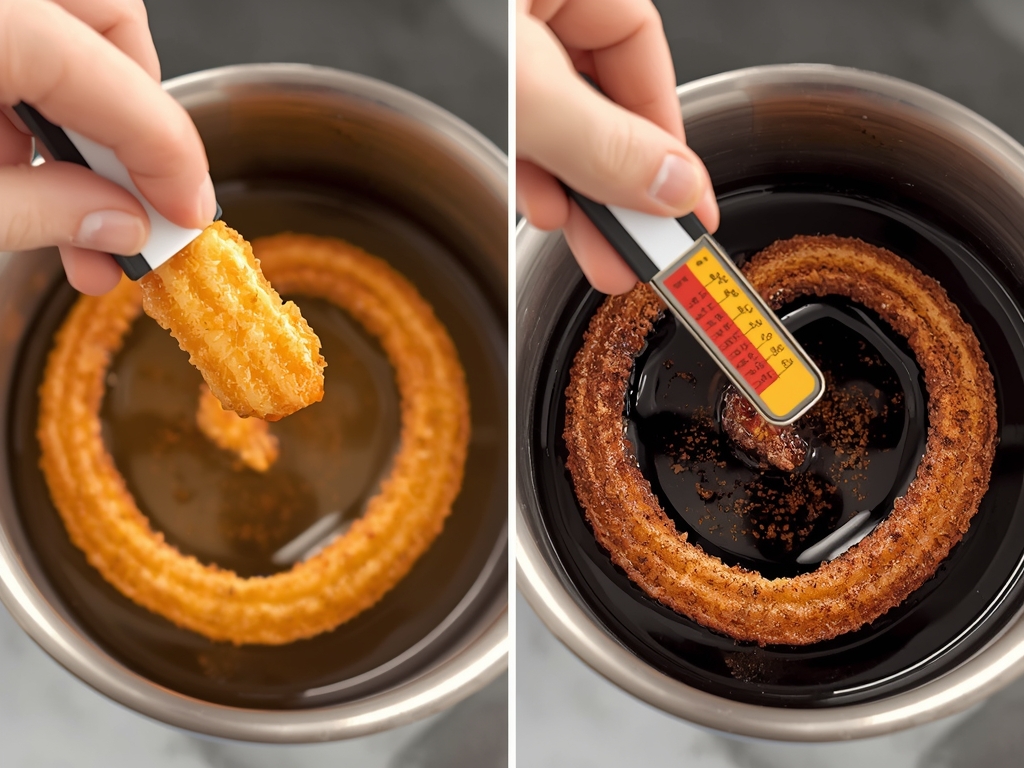 A side-by-side comparison of two churros—one perfectly fried and golden,