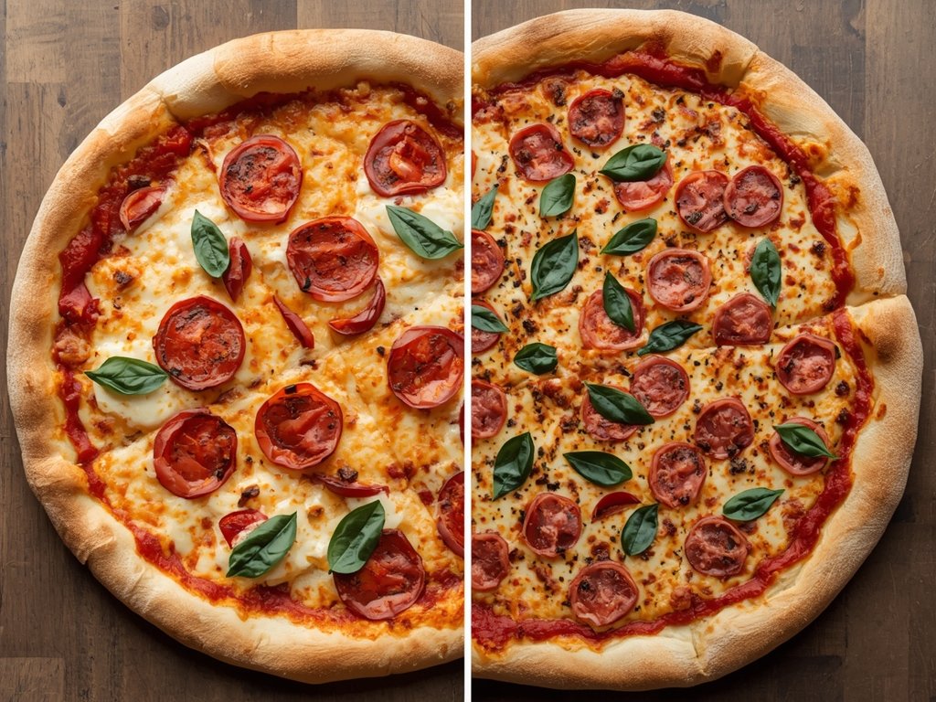 A side-by-side comparison of two pizzas, one with a thin,