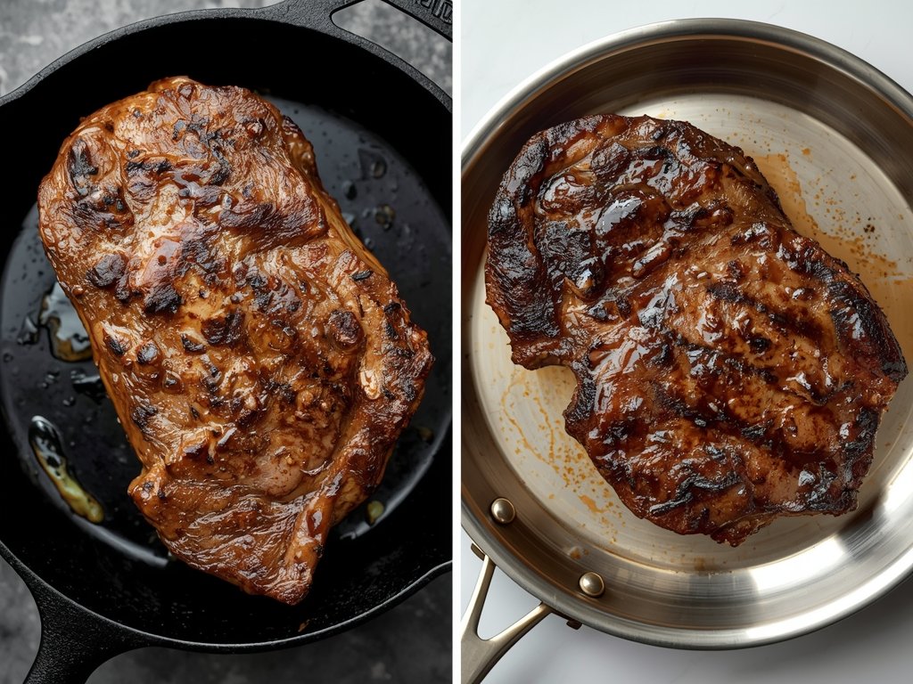 A side-by-side comparison of two steaks, one cooked in cast