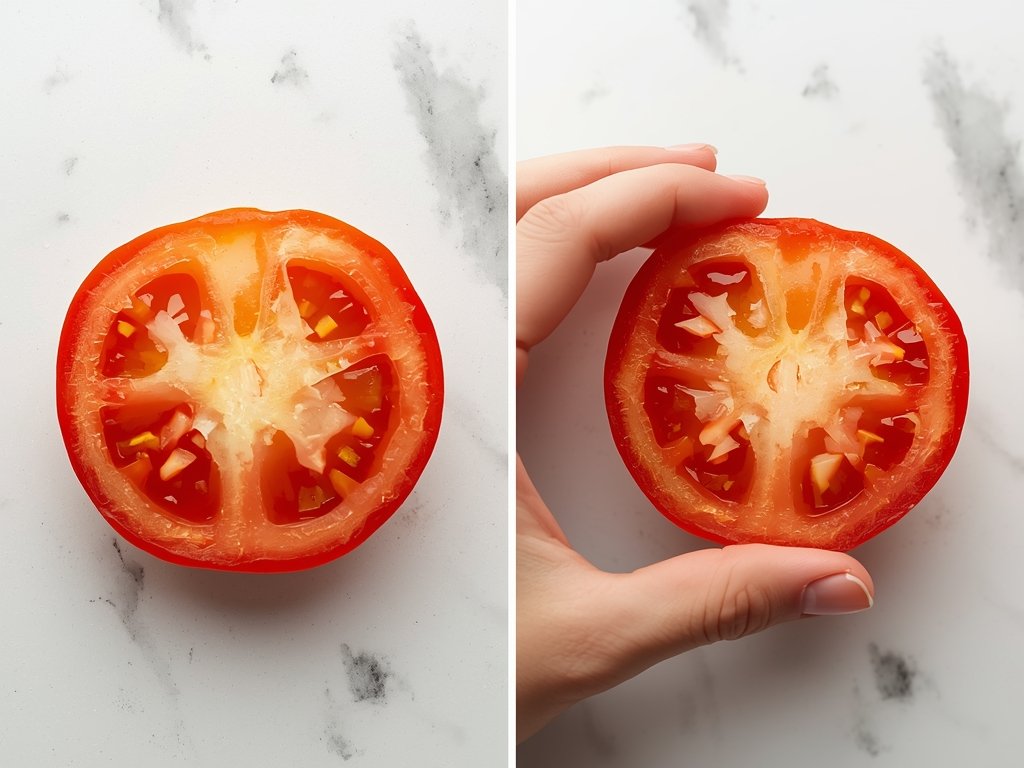 A side-by-side comparison of two tomato slices: one mealy and